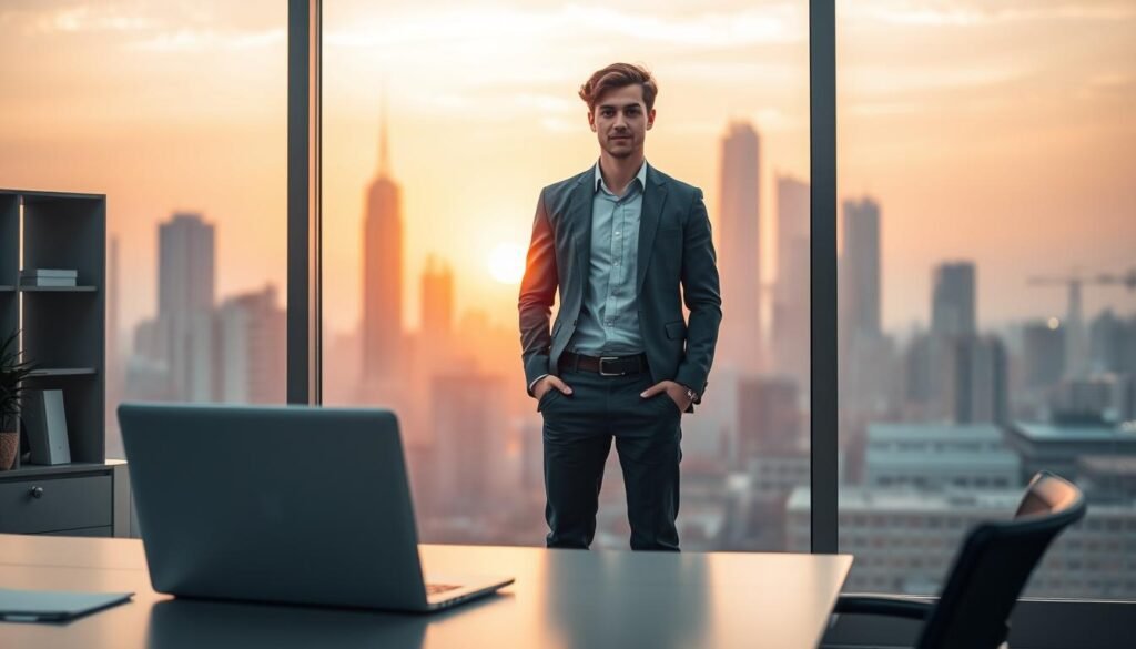A serene office space with a desk, chair, and laptop computer in the foreground. In the middle ground, a young professional in a smart casual outfit stands confidently, their gaze focused on the camera. The background features a warm, softly lit cityscape with skyscrapers and a glowing sunset. The lighting is soft and diffused, creating a contemplative and aspirational atmosphere. The scene conveys a sense of focus, determination, and the first steps towards a successful career.