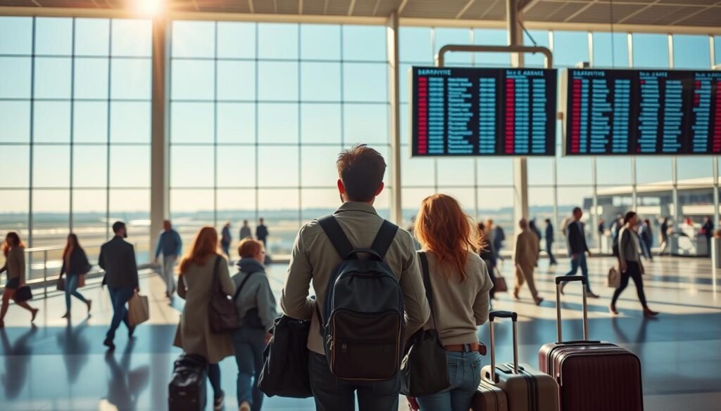 A serene, sun-drenched vista of a bustling international airport, with travelers striding purposefully through its spacious terminals. Towering glass windows frame the distant horizon, hinting at the promise of adventure and new beginnings. In the foreground, a family stands poised, luggage in hand, gazing up at the digital departure boards - their faces alight with a mix of excitement and trepidation, as they prepare to embark on their journey to a new life in Canada. The scene exudes a sense of possibility and the anticipation of a fresh start, capturing the essence of the immigration experience. A serene, sun-drenched vista of a bustling international airport, with travelers striding purposefully through its spacious terminals. Towering glass windows frame the distant horizon, hinting at the promise of adventure and new beginnings. In the foreground, a family stands poised, luggage in hand, gazing up at the digital departure boards - their faces alight with a mix of excitement and trepidation, as they prepare to embark on their journey to a new life in Canada. The scene exudes a sense of possibility and the anticipation of a fresh start, capturing the essence of the immigration experience.