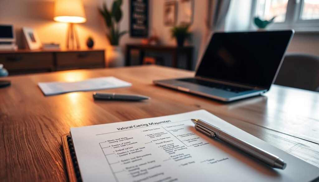 A serene, well-lit home office setting with a wooden desk, a laptop, and a pen and notepad. In the foreground, an open notebook displays a mind map or list of personal strengths, skills, and abilities. Soft, warm lighting illuminates the scene, creating a contemplative atmosphere. The middle ground features inspirational artwork or motivational quotes on the wall, guiding the viewer's focus on self-reflection and personal growth. The background subtly blurs, emphasizing the importance of the evaluation process. The overall composition conveys a sense of thoughtfulness, clarity, and focus on personal development.