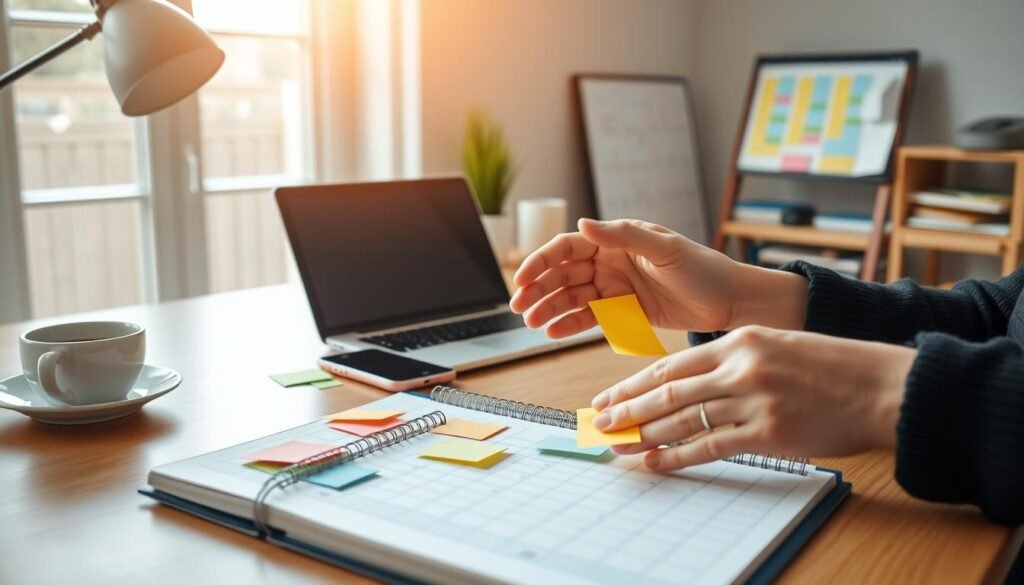 A serene, well-lit home office with a wooden desk, a planner opened on it, and a cup of coffee. In the foreground, a pair of hands meticulously arranging colorful sticky notes, symbols of productivity and time management. The middle ground features a laptop, a smartphone, and a calendar, all working in harmony to visualize the benefits of time blocking. The background showcases a large window with natural light streaming in, creating a warm and focused atmosphere. The overall scene exudes a sense of organization, efficiency, and the positive impact of a structured approach to time management.