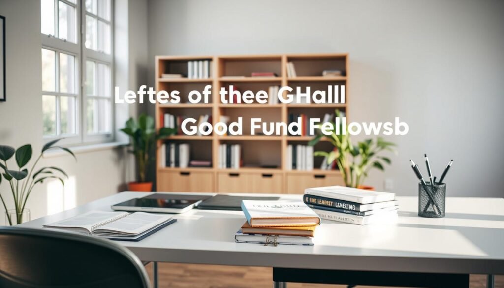 A serene, well-lit office setting with an open desk, a potted plant, and a bookshelf in the background. On the desk, various leadership development resources are neatly arranged, including books, a laptop, and a pen holder. The lighting is soft and natural, with a warm, inviting atmosphere. The overall scene conveys a sense of focus, productivity, and personal growth, perfectly capturing the essence of the "Benefits of the Global Good Fund Fellowship" section.