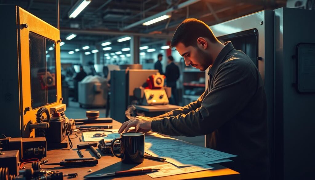 A skilled worker diligently operating a CNC machine, bathed in warm, directional lighting that casts dramatic shadows. The workbench is cluttered with precision tools, mechanical blueprints, and a mug of steaming coffee, reflecting the focus and dedication of the worker. In the background, an orderly workshop filled with state-of-the-art equipment and technology, symbolizing the advanced expertise required for the skilled worker visa. The overall scene conveys the technical mastery, problem-solving abilities, and work ethic of the ideal skilled worker candidate.