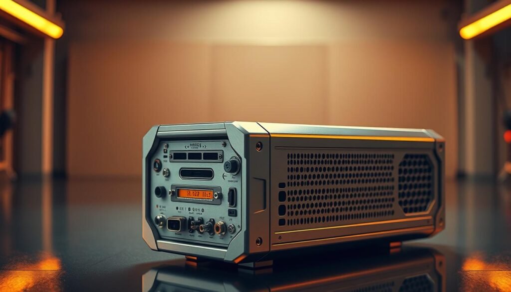 A sleek, high-tech engineering product taking center stage, bathed in warm, directional lighting that accentuates its intricate design. The product's metallic surfaces reflect the illumination, creating a sense of depth and texture. In the foreground, the product's intricate details, such as buttons, ports, and vents, are clearly visible, showcasing the engineering expertise behind its creation. The midground features the product's overall form, highlighting its streamlined silhouette and ergonomic shape. In the background, a minimalist, industrial-inspired setting provides a clean, uncluttered backdrop, allowing the product to be the focal point. The overall atmosphere conveys a sense of sophistication, innovation, and the power of engineering to solve complex problems.