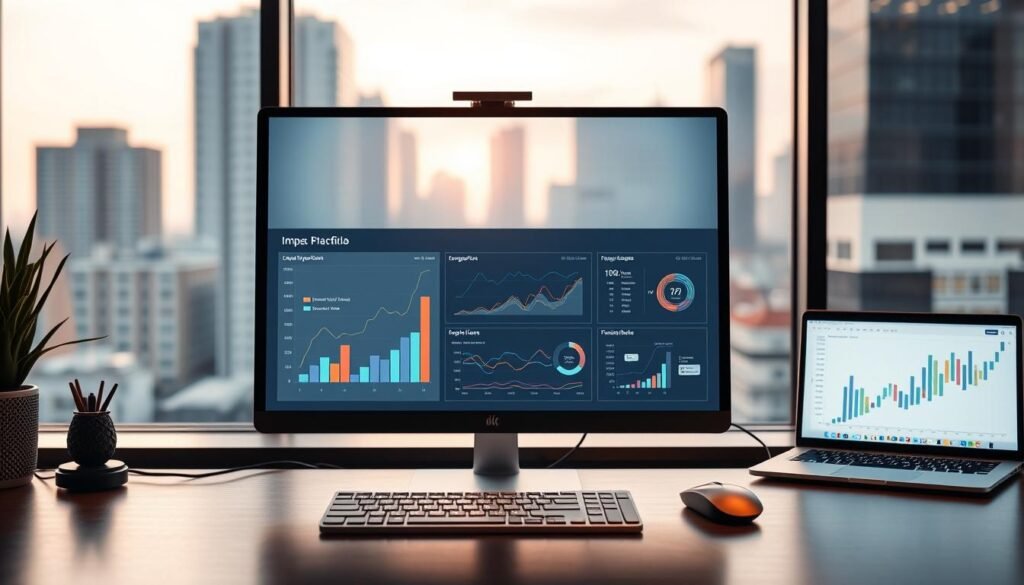 A sleek, modern data visualization portfolio showcased on a minimalist desktop setup. In the foreground, a large high-resolution display presents an impactful infographic with clean lines, vibrant colors, and intuitive data representations. In the middle ground, a minimalist laptop and mouse provide the tools to curate and design the portfolio. The background features a soft, blurred cityscape through a large window, conveying a sense of urban professionalism. Warm, directional lighting illuminates the scene, creating depth and highlighting the portfolio's visual elements. The overall atmosphere exudes a balance of creativity, technical prowess, and a refined, portfolio-worthy aesthetic.