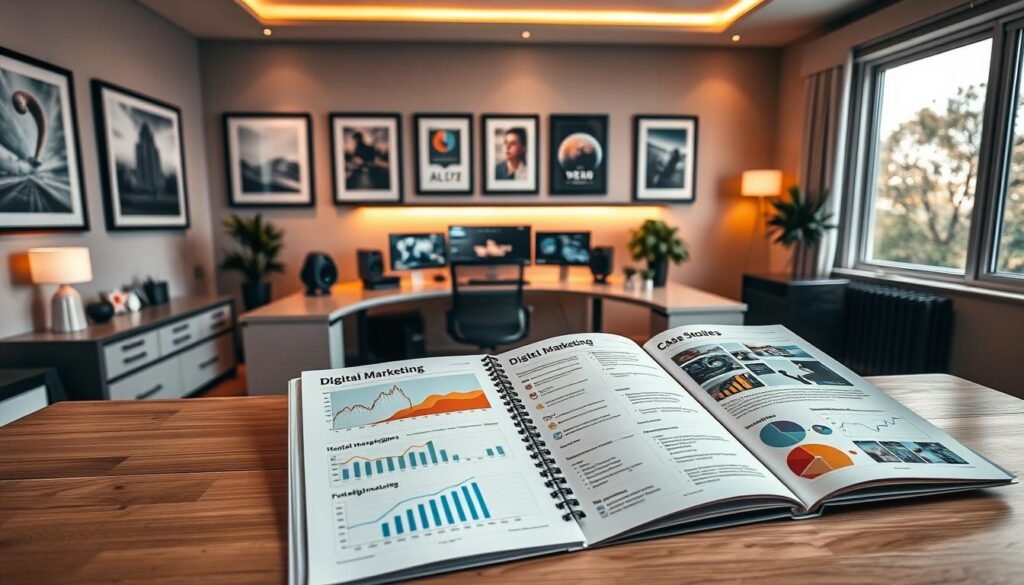 A sleek, modern home office with a large, curved desk and a state-of-the-art computer setup. The lighting is warm and inviting, with a mix of natural light from a large window and soft, indirect lighting. The walls are adorned with framed digital marketing case studies, showcasing the owner's expertise and accomplishments. In the foreground, a portfolio of digital marketing projects is open, displaying various analytics reports, social media campaigns, and SEO optimization strategies. The overall atmosphere conveys a sense of professionalism, creativity, and technological prowess, reflecting the skills and experience of a digital marketing specialist. A sleek, modern home office with a large, curved desk and a state-of-the-art computer setup. The lighting is warm and inviting, with a mix of natural light from a large window and soft, indirect lighting. The walls are adorned with framed digital marketing case studies, showcasing the owner's expertise and accomplishments. In the foreground, a portfolio of digital marketing projects is open, displaying various analytics reports, social media campaigns, and SEO optimization strategies. The overall atmosphere conveys a sense of professionalism, creativity, and technological prowess, reflecting the skills and experience of a digital marketing specialist.