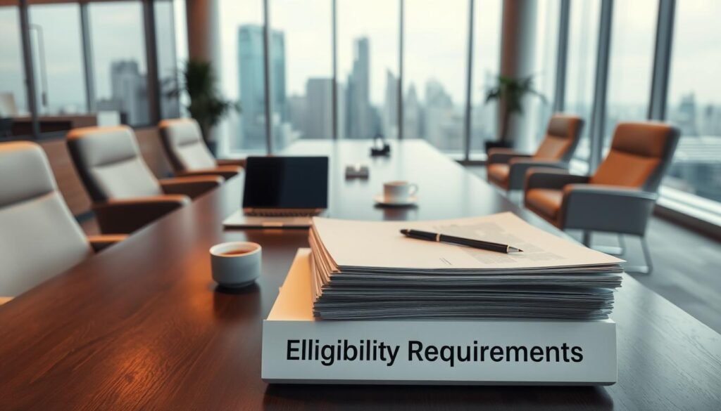A sleek, modern office interior with a large desk and comfortable chairs. In the foreground, a stack of documents labeled "Eligibility Requirements" sits prominently, highlighting the topic. The middle ground features a laptop, pen, and a cup of coffee, suggesting a professional work environment. The background showcases a floor-to-ceiling window overlooking a cityscape, conveying a sense of professionalism and authority. Warm, soft lighting illuminates the scene, creating a welcoming and informative atmosphere. The camera angle is slightly elevated, providing an authoritative and visually appealing perspective. A sleek, modern office interior with a large desk and comfortable chairs. In the foreground, a stack of documents labeled "Eligibility Requirements" sits prominently, highlighting the topic. The middle ground features a laptop, pen, and a cup of coffee, suggesting a professional work environment. The background showcases a floor-to-ceiling window overlooking a cityscape, conveying a sense of professionalism and authority. Warm, soft lighting illuminates the scene, creating a welcoming and informative atmosphere. The camera angle is slightly elevated, providing an authoritative and visually appealing perspective.