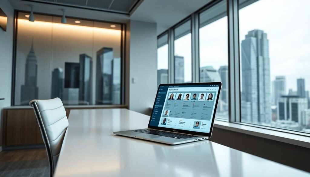 A sleek, modern office setting with a minimalist desk and chair. On the desk, a laptop displays an applicant tracking system interface, with various candidate profiles and application details. In the background, a skyline of towering skyscrapers can be seen through large windows, evoking a sense of a bustling urban environment. The lighting is soft and diffused, creating a professional and focused atmosphere. The camera angle is slightly elevated, providing a bird's-eye view of the scene, emphasizing the organized and efficient nature of the applicant tracking system. A sleek, modern office setting with a minimalist desk and chair. On the desk, a laptop displays an applicant tracking system interface, with various candidate profiles and application details. In the background, a skyline of towering skyscrapers can be seen through large windows, evoking a sense of a bustling urban environment. The lighting is soft and diffused, creating a professional and focused atmosphere. The camera angle is slightly elevated, providing a bird's-eye view of the scene, emphasizing the organized and efficient nature of the applicant tracking system.