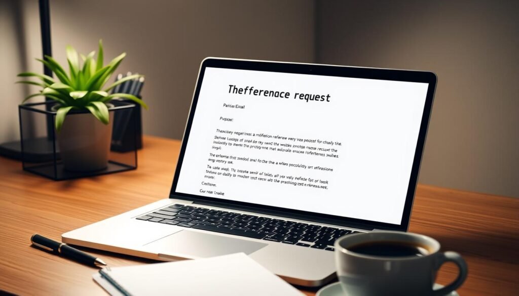 A sleek, professional-looking desktop scene with a laptop, a desk organizer, and a potted plant. The laptop screen displays a draft email titled "Reference Request." The email body contains a polite, well-structured request for a professional reference, including the purpose, the referee's background, and the deadline. The desk is neatly arranged with a pen, a notepad, and a cup of coffee, conveying an atmosphere of diligence and attention to detail. Soft, directional lighting illuminates the scene, creating a sense of focus and productivity. The overall composition suggests a thoughtful, carefully crafted reference request email.