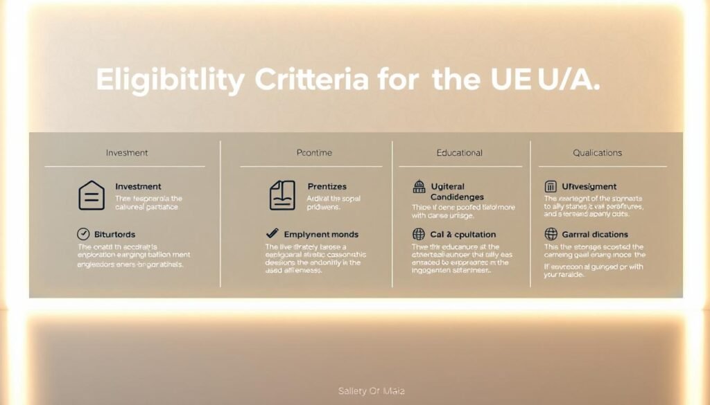 A sleek, professional-looking infographic depicting the "Eligibility Criteria for the UAE Golden Visa". The foreground features a clean, minimalist layout with geometric shapes and icons symbolizing the key criteria, such as investment thresholds, employment requirements, and educational qualifications. The middle ground showcases a subtle, elegant background pattern evoking the opulent, futuristic aesthetic of the UAE. Soft, warm lighting creates a sense of prestige and opportunity. The overall composition conveys a sense of clarity, precision, and aspirational excellence aligned with the UAE's vision for its Golden Visa program.