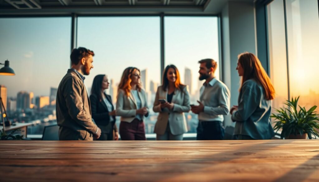 A softly lit office scene, with a wooden desk in the foreground and a group of diverse professionals in the middle ground, engaged in conversation and collaboration. The background features a large window overlooking a city skyline, bathed in a warm, golden glow. The scene conveys a sense of teamwork, creativity, and the importance of interpersonal skills in the workplace. The overall atmosphere is one of professionalism, productivity, and the value placed on "soft skills" by modern employers.