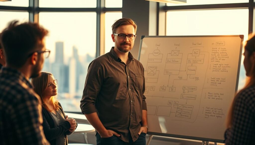 A software engineer standing at a whiteboard, sketching diagrams and wireframes, surrounded by a team of developers collaborating on a product roadmap. Warm, soft lighting illuminates the scene, creating a thoughtful, focused atmosphere. The engineer's expression conveys a blend of technical expertise and strategic thinking, as they guide the team through the nuances of product management. In the background, a city skyline is visible through large windows, hinting at the real-world impact of their work.
