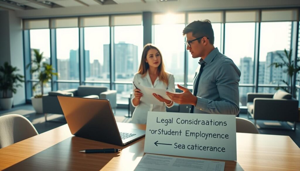 A spacious, sun-lit office interior with modern furniture and minimalist decor. In the foreground, a desk with a laptop, pen, and legal documents. On the desk, a placard reads "Legal Considerations for Student Employment". In the middle ground, two young professionals, a man and a woman, are engaged in a serious discussion, gesturing towards the documents. The background features large windows overlooking a cityscape, creating a sense of professionalism and authority. The lighting is soft and warm, casting subtle shadows that accentuate the details. The overall atmosphere conveys a sense of diligence, attention to compliance, and a commitment to navigating the complexities of student employment.
