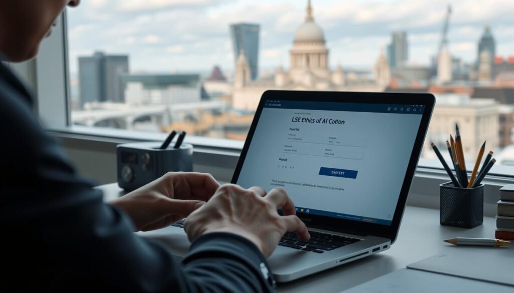 A step-by-step process of registering for the LSE Ethics of AI online course. In the foreground, a person's hands navigating a laptop screen, highlighting the course registration page with precision. In the middle ground, a clean and organized workspace with office supplies, suggesting an academic setting. In the background, a blurred cityscape with the iconic London skyline, hinting at the prestigious London School of Economics. The lighting is soft and natural, creating a contemplative atmosphere. The composition is balanced, drawing the viewer's eye through the layers of the image, ultimately focusing on the course registration process.