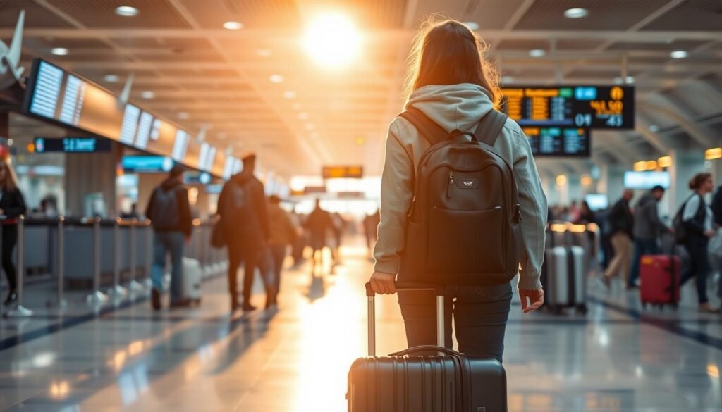 A student with an F-1 visa stands in a bustling airport, rolling a suitcase through the crowded terminal. Warm, diffused lighting casts a golden glow, capturing the anticipation and excitement of their journey. In the background, airline counters, security checkpoints, and digital departure boards hint at the international connections and opportunities that await. The scene conveys the sense of embarking on a new chapter, exploring a world beyond familiar borders, with a touch of wanderlust and the promise of adventure.