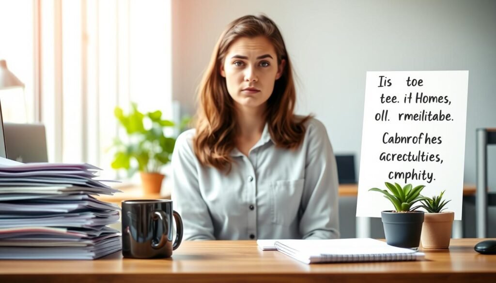 A sunlit office setting, with a desk in the foreground displaying the contrasting elements of an entry-level job. On the left, a stack of paperwork, a computer, and a mug of coffee symbolize the responsibilities and demands. On the right, a potted plant, a motivational quote, and a relaxed posture convey the benefits of flexibility and growth opportunities. In the middle ground, a young professional contemplates these pros and cons, their face reflecting a mixture of determination and uncertainty. The background blurs softly, emphasizing the subject's introspective mood as they navigate the complexities of an entry-level position.