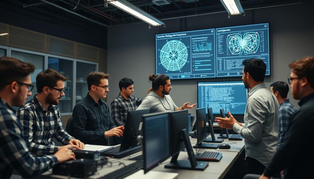 A team of machine learning engineers gathered in a modern, well-equipped tech lab. In the foreground, they are intently focused on their workstations, coding and analyzing complex data sets. The middle ground shows a group discussing algorithms and model architectures, gesturing animatedly. In the background, a large visualization screen displays neural network diagrams and performance metrics, casting a soft glow over the scene. The lighting is bright and directional, highlighting the concentration and collaborative energy of the engineers as they tackle the challenges of artificial intelligence. The overall mood is one of intellectual rigor, technical expertise, and a shared passion for pushing the boundaries of machine learning.