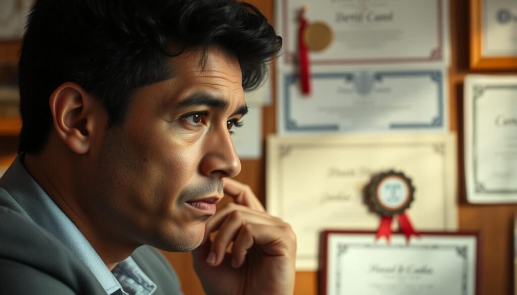 A thoughtful business executive contemplating career certification choices, surrounded by diplomas, certificates, and symbols of educational achievement. Warm, natural lighting casts an introspective glow, the subject's face reflecting deep consideration. The composition uses depth of field to highlight the central figure, with blurred credentials fading into the background, emphasizing the importance of the decision at hand. Angles and framing convey a sense of focus and deliberation, as the executive ponders the best path forward in their professional development. A thoughtful business executive contemplating career certification choices, surrounded by diplomas, certificates, and symbols of educational achievement. Warm, natural lighting casts an introspective glow, the subject's face reflecting deep consideration. The composition uses depth of field to highlight the central figure, with blurred credentials fading into the background, emphasizing the importance of the decision at hand. Angles and framing convey a sense of focus and deliberation, as the executive ponders the best path forward in their professional development.