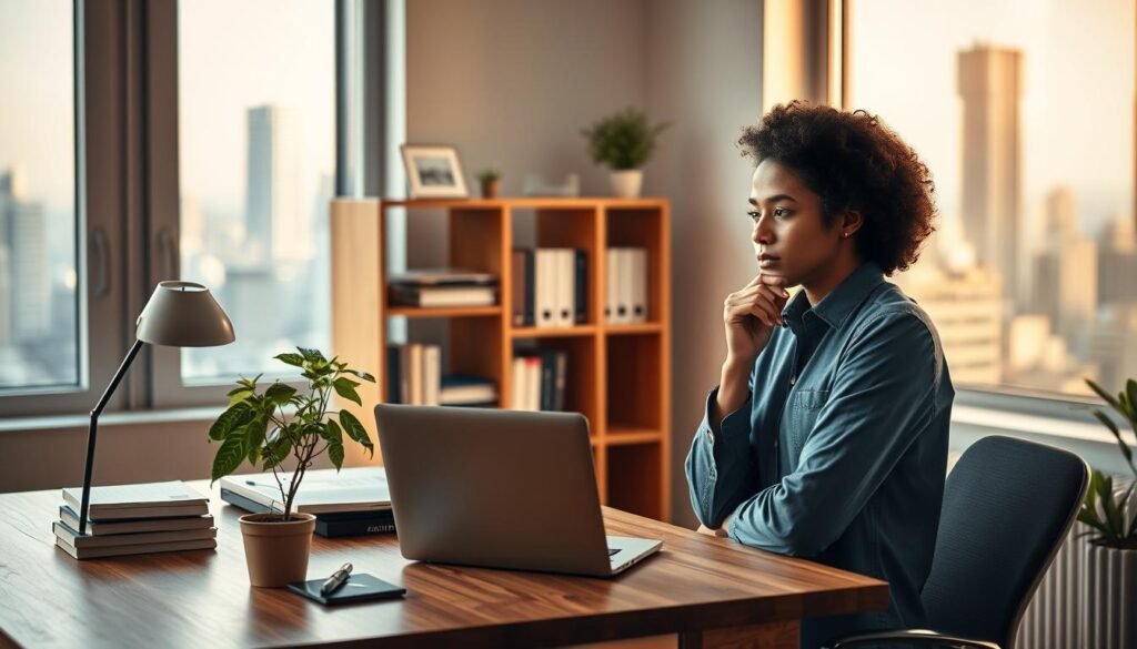 A thoughtful individual stands at the threshold of a new professional journey, surrounded by the tools and resources necessary to build a strong foundation. The scene is bathed in soft, warm lighting, creating an atmosphere of focus and determination. In the foreground, a sturdy wooden desk supports a laptop, stationery, and a strategically placed plant - symbolic of growth and progress. The middle ground features a bookshelf filled with relevant reference materials, while the background showcases a window overlooking a vibrant cityscape, hinting at the vast opportunities that await. The overall composition conveys a sense of purpose, diligence, and a willingness to embrace the challenges of this new chapter. A thoughtful individual stands at the threshold of a new professional journey, surrounded by the tools and resources necessary to build a strong foundation. The scene is bathed in soft, warm lighting, creating an atmosphere of focus and determination. In the foreground, a sturdy wooden desk supports a laptop, stationery, and a strategically placed plant - symbolic of growth and progress. The middle ground features a bookshelf filled with relevant reference materials, while the background showcases a window overlooking a vibrant cityscape, hinting at the vast opportunities that await. The overall composition conveys a sense of purpose, diligence, and a willingness to embrace the challenges of this new chapter.