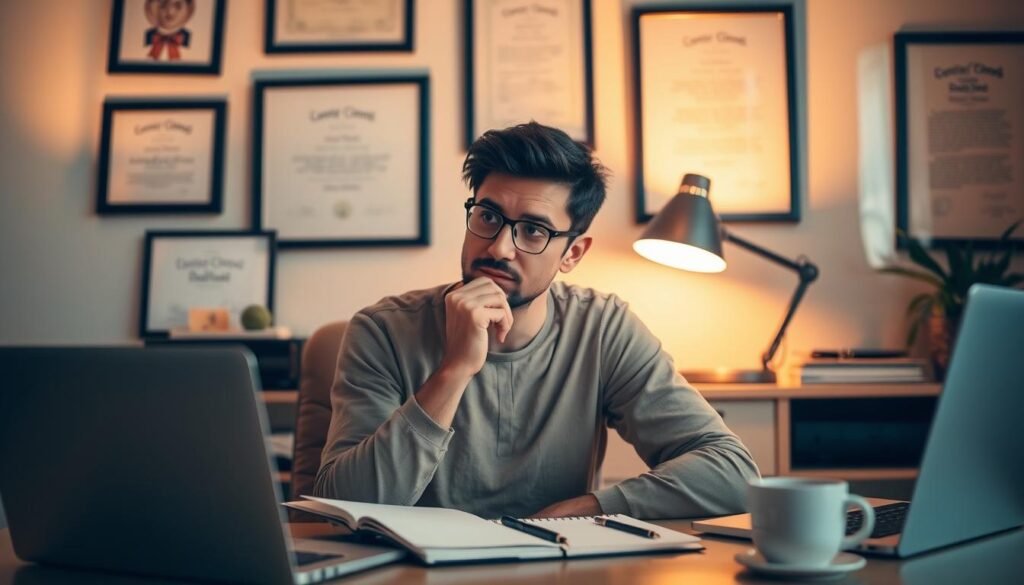 A thoughtful person in a cozy home office, pondering their self-evaluation. Warm lighting from a desk lamp casts a gentle glow, illuminating their face in a pensive expression. Framed certificates and diplomas hang on the wall behind them, hinting at their professional accomplishments. The desk is neatly organized, with a laptop, notebook, and a cup of coffee, creating an atmosphere of quiet contemplation. The overall mood is one of introspection and self-assessment, fitting the theme of "Performance Review Phrases (self-evaluation examples)". A thoughtful person in a cozy home office, pondering their self-evaluation. Warm lighting from a desk lamp casts a gentle glow, illuminating their face in a pensive expression. Framed certificates and diplomas hang on the wall behind them, hinting at their professional accomplishments. The desk is neatly organized, with a laptop, notebook, and a cup of coffee, creating an atmosphere of quiet contemplation. The overall mood is one of introspection and self-assessment, fitting the theme of "Performance Review Phrases (self-evaluation examples)".