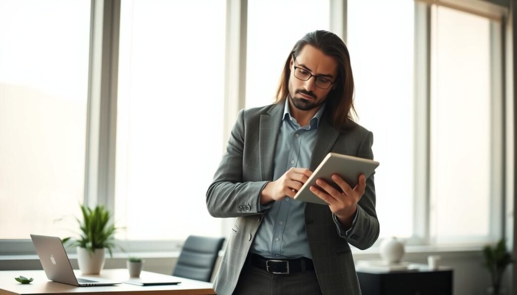 A thoughtful professional standing in a modern office, holding a calculator and examining financial documents with a focused expression. Soft, diffused lighting from large windows casts a warm glow, creating a contemplative atmosphere. The background features a minimalist workspace with a laptop, plant, and other subtly placed office elements, establishing a context of research and consideration. Angles and perspectives are carefully composed to convey a sense of the subject's concentration and determination to understand their true worth in the salary negotiation process.