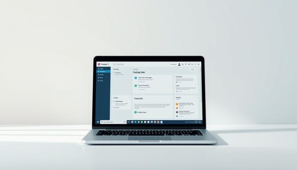A thoughtfully designed user interface in a clean, minimalist aesthetic. A laptop screen displays a well-structured layout with intuitive iconography and clear typographic hierarchy. Crisp shadows and soft highlights suggest a natural, diffused lighting. The background fades into a serene, pastel gradient, creating a calming, focused atmosphere. The overall composition evokes a sense of streamlined efficiency and effortless user experience.