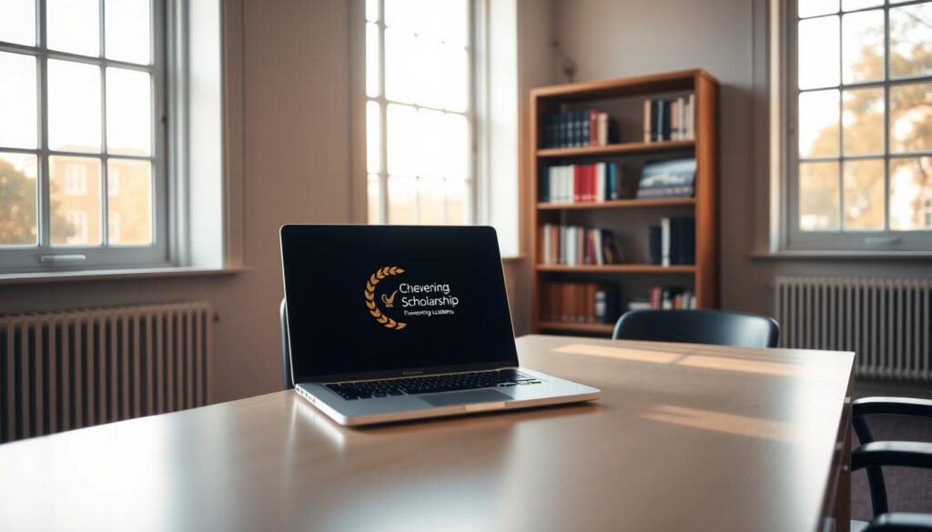 A tranquil office setting, flooded with warm natural light from tall windows. On a clean, minimalist desk, a laptop displays the Chevening Scholarship emblem, symbolizing the program's purpose of empowering emerging leaders. In the background, shelves hold neatly arranged books, hinting at the intellectual rigor and global perspective fostered by the scholarship. The overall atmosphere conveys a sense of focus, opportunity, and the transformative power of education.