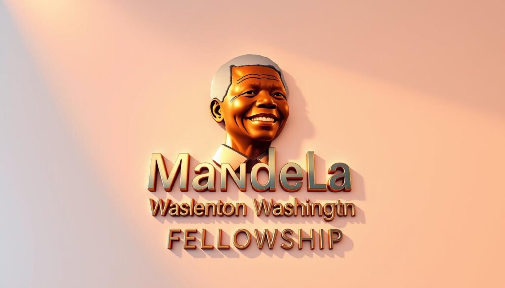 A vibrant, 3D illustration of the Mandela Washington Fellowship program logo, showcasing the iconic figure of Nelson Mandela. The logo is rendered with a metallic, glossy finish, casting warm reflections on a clean, minimalist background. The composition emphasizes balance and symmetry, with the 'Mandela Washington Fellowship' text elegantly positioned beneath the portrait. Soft lighting from the upper left creates depth and dimension, while a subtle drop shadow grounds the design. The overall tone is one of prestige, leadership, and global impact - capturing the essence of this prestigious leadership development program.