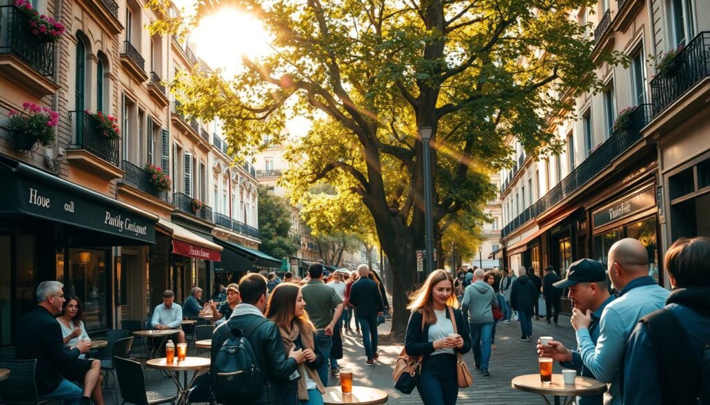 A vibrant Parisian street scene, with a cozy café spilling out onto the sidewalk. Quaint brownstone buildings line the cobblestone road, their facades adorned with wrought-iron balconies and window boxes bursting with colorful blooms. Warm, golden sunlight filters through the leaves of a towering plane tree, casting a soft, romantic glow over the bustling pedestrians. In the foreground, a group of international students chat animatedly, sipping on steaming cups of café au lait. The air is filled with the aroma of freshly baked croissants and the cheerful chatter of the crowd. This idyllic snapshot captures the essence of living as a student in the heart of France.