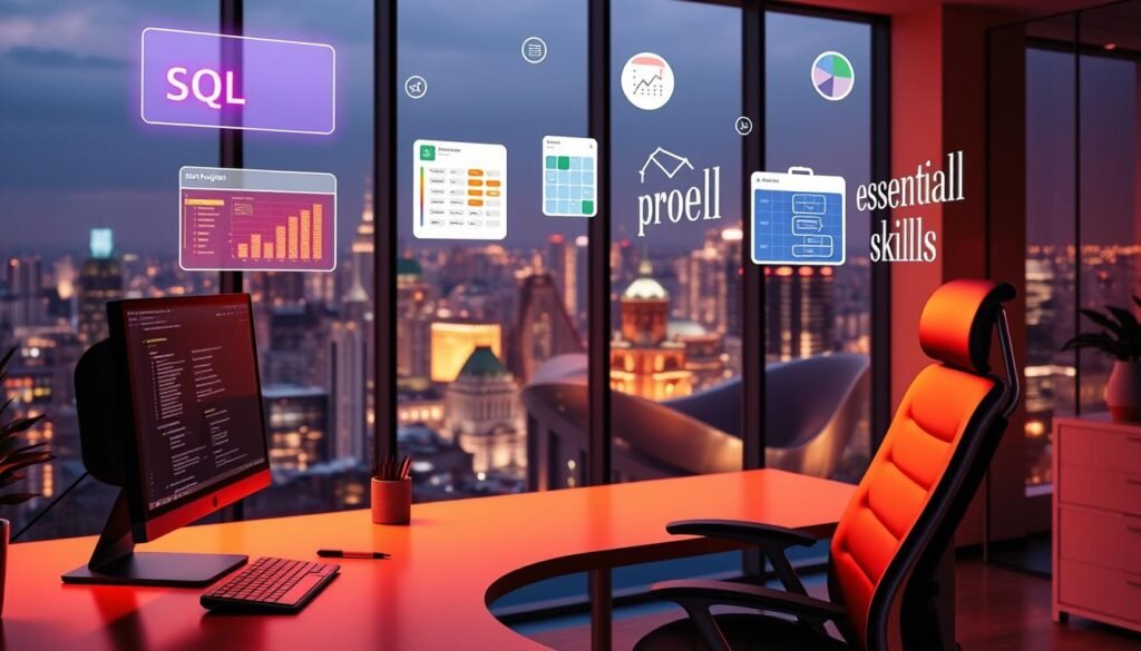 A vibrant and dynamic data analysis workspace, illuminated by warm, directional lighting. In the foreground, a sleek, modern desktop computer and a stylish office chair. Floating above are visual representations of essential skills - a glowing SQL query, an interactive Excel spreadsheet, an intuitive business intelligence dashboard, and a diverse set of data-driven project files. The middle ground features a minimalist, clutter-free desk, with a few carefully curated office supplies. In the background, a floor-to-ceiling window overlooking a bustling cityscape, evoking the sense of a well-designed, professional environment. The overall atmosphere is one of focus, efficiency, and the seamless integration of technology with the analytical process. A vibrant and dynamic data analysis workspace, illuminated by warm, directional lighting. In the foreground, a sleek, modern desktop computer and a stylish office chair. Floating above are visual representations of essential skills - a glowing SQL query, an interactive Excel spreadsheet, an intuitive business intelligence dashboard, and a diverse set of data-driven project files. The middle ground features a minimalist, clutter-free desk, with a few carefully curated office supplies. In the background, a floor-to-ceiling window overlooking a bustling cityscape, evoking the sense of a well-designed, professional environment. The overall atmosphere is one of focus, efficiency, and the seamless integration of technology with the analytical process.