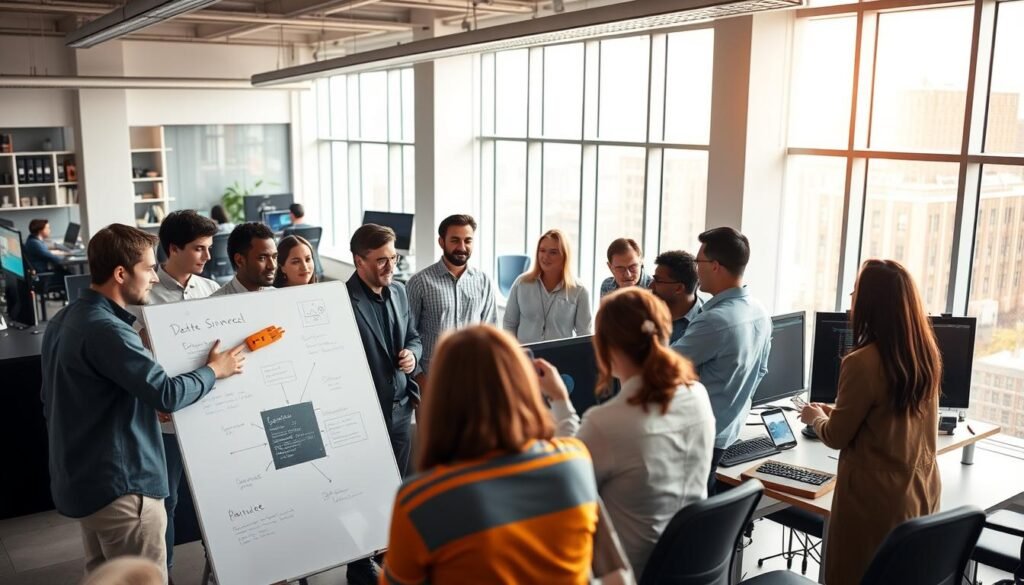 A vibrant and dynamic data science team collaborating in a bright, modern workspace. In the foreground, a diverse group of data scientists and engineers gathered around a large whiteboard, engaged in lively discussion and brainstorming. The middle ground features a cluster of workstations with state-of-the-art hardware and multiple displays, conveying a sense of technological prowess. The background showcases expansive windows that flood the space with warm, natural light, creating an atmosphere of openness and creativity. The overall scene exudes a spirit of teamwork, innovation, and a strong commitment to advancing the frontiers of artificial intelligence and machine learning.