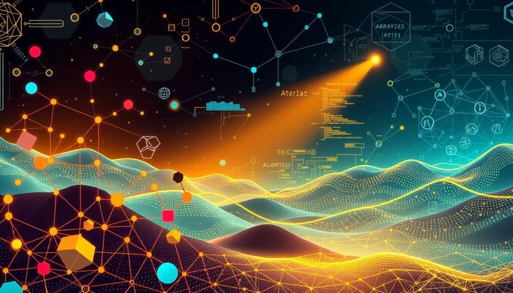 A vibrant and dynamic illustration of data structures and algorithms. In the foreground, a collection of geometric shapes and interconnected nodes representing various data structures like arrays, linked lists, trees, and graphs. The midground features algorithms visualized as pathways, flowcharts, and lines of code, all illuminated by a warm, directional light. In the background, a technical, circuit-board-inspired landscape with hexagonal patterns and digital textures, conveying the computational nature of the subject matter. The overall scene is rendered with a sleek, futuristic aesthetic, capturing the elegance and complexity of the world of data structures and algorithms.