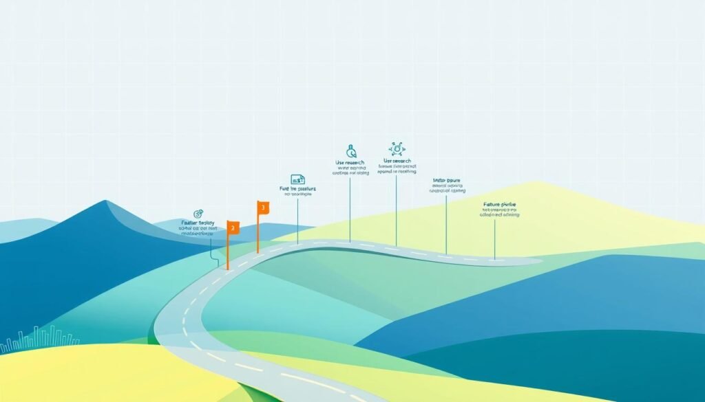 A vibrant and dynamic road map illustration showcasing the essential phases of product management. In the foreground, a meandering path winds through an abstract landscape, with milestones and signposts guiding the way. The middle ground features symbolic icons and visual metaphors representing key product management tasks, such as user research, roadmapping, and feature prioritization. In the background, a geometric grid pattern sets the stage, evoking a sense of structure and organization. The color palette is a harmonious blend of blues, greens, and greys, creating a professional and polished aesthetic. Soft, directional lighting casts subtle shadows, adding depth and dimension to the illustration. The overall composition is balanced and visually engaging, effectively communicating the concepts of product management in a clear and accessible manner.