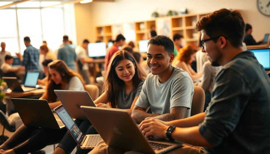 A vibrant and dynamic scene of young university students engaged in various freelance activities. In the foreground, a group of students sit together, laptops open, brainstorming ideas and collaborating on their latest projects. In the middle ground, a student is seen video-conferencing with a client, their face illuminated by the glow of their screen. The background is filled with the bustling energy of the campus, with other students typing away at their desks, sketching designs, or meeting with mentors, all immersed in the freedom and flexibility of their freelance pursuits. Warm lighting casts a soft, inviting glow, capturing the sense of opportunity and possibility that the freelance lifestyle offers students. The overall atmosphere is one of productivity, creativity, and the empowering nature of self-directed work.