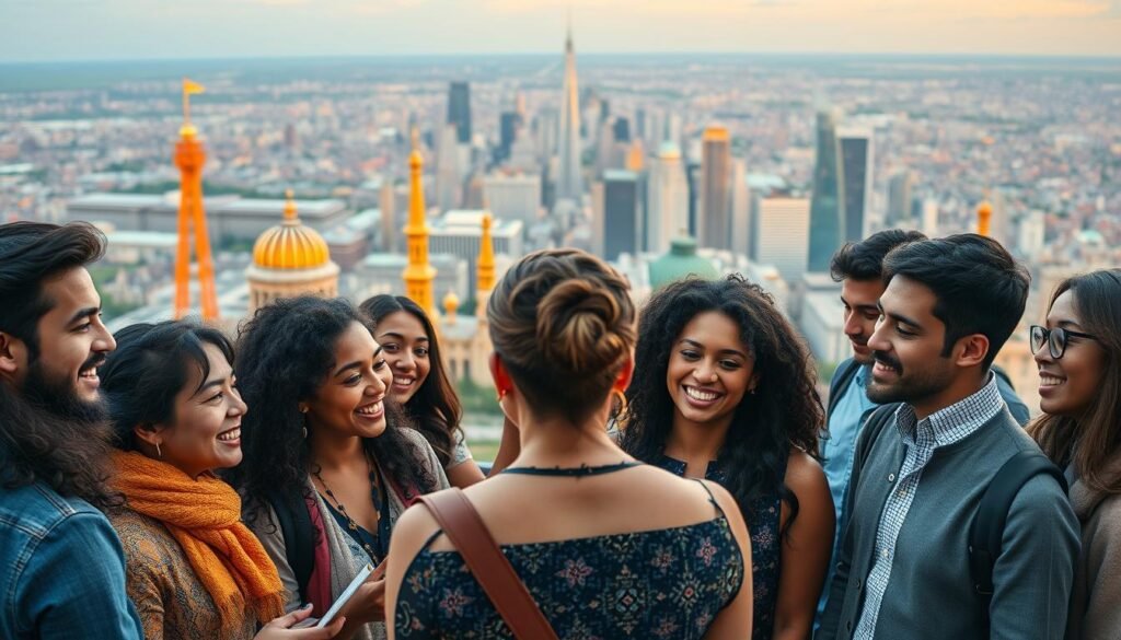 A vibrant and dynamic scene showcasing the benefits of the Fulbright Scholarship. In the foreground, a diverse group of scholars from around the world engage in intellectual discourse, their expressions brimming with excitement and curiosity. In the middle ground, a series of iconic landmarks and symbols representing the cultural exchange and global impact of the Fulbright program. The background is a panoramic view of a bustling, cosmopolitan city, illuminated by warm, golden lighting that conveys a sense of opportunity and possibility. The composition captures the transformative power of the Fulbright Scholarship, where cross-cultural collaboration, academic enrichment, and personal growth converge to create a profound and lasting impact.