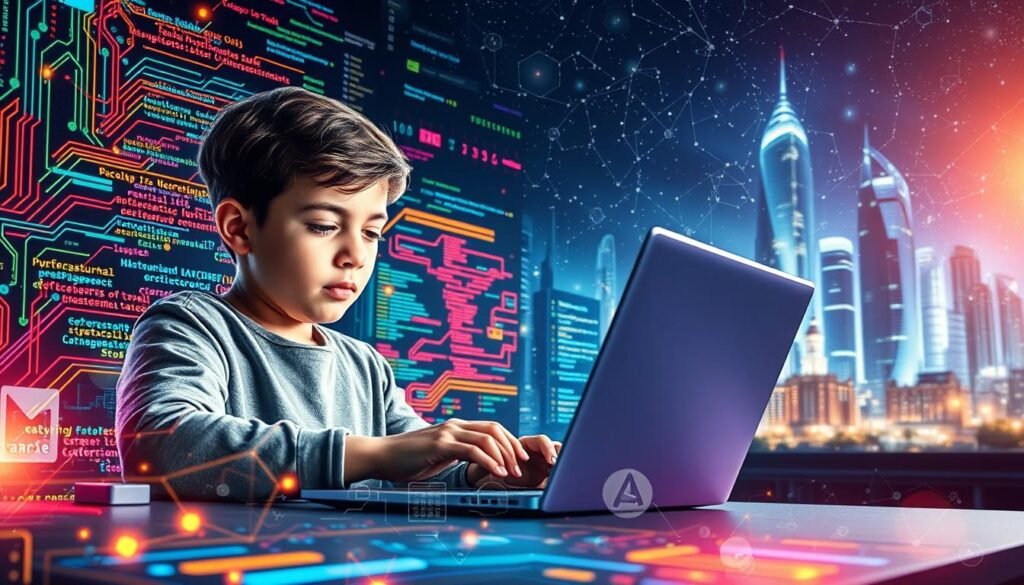 A vibrant and engaging visual representation of the journey of "Learning Programming". The foreground features a young coder intently typing on a sleek laptop, their expression one of focused determination. Surrounding them, a dynamic array of coding elements - colorful lines of code, glowing circuit boards, and abstract data visualizations - create an immersive and tech-savvy atmosphere. The middle ground showcases various programming languages and tools, their icons and logos subtly woven into the composition. In the background, a futuristic cityscape with towering skyscrapers and a night sky filled with stars and digital constellations, symbolizing the vast potential of the digital world. The overall scene conveys a sense of growth, innovation, and the empowering journey of mastering the fundamentals of cybersecurity.