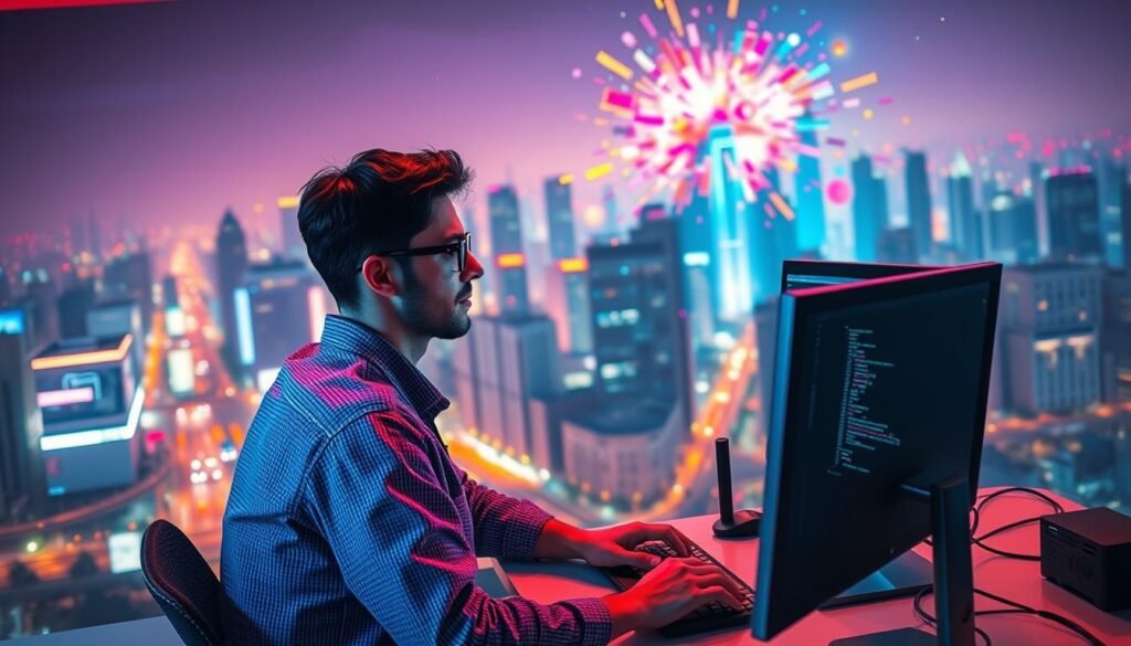 A vibrant and immersive scene of a developer exploring the world of front-end development. In the foreground, a focused programmer sits at a sleek, minimalist workstation, lines of code reflected in their eyes as they bring their digital creations to life. The middle ground reveals a bustling cityscape, skyscrapers and neon-lit streets pulsing with the energy of a thriving tech hub. In the background, an explosion of color and abstract shapes symbolizes the endless possibilities of front-end development, where creativity and technology converge. Soft, warm lighting casts a dreamlike glow, evoking a sense of wonder and discovery. The overall atmosphere conveys the passion, dedication, and boundless potential of this dynamic field.
