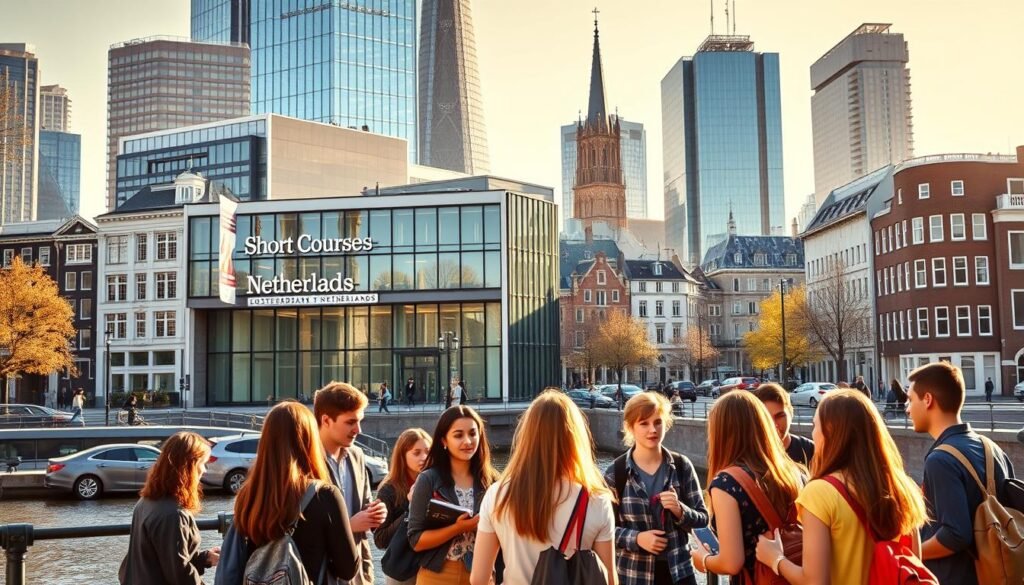 A vibrant cityscape of Amsterdam, the cultural heart of the Netherlands, showcasing the iconic architecture and canals. In the foreground, a group of young, diverse students are immersed in a lively discussion, exchanging ideas and exploring educational opportunities. The middle ground features the façade of a modern university building, its sleek design and prominent signage indicating "Short Courses Netherlands." The background is a blend of historic landmarks, such as the Westerkerk church, and contemporary high-rises, creating a harmonious fusion of old and new. The scene is bathed in warm, golden sunlight, conveying a sense of opportunity and academic excellence.