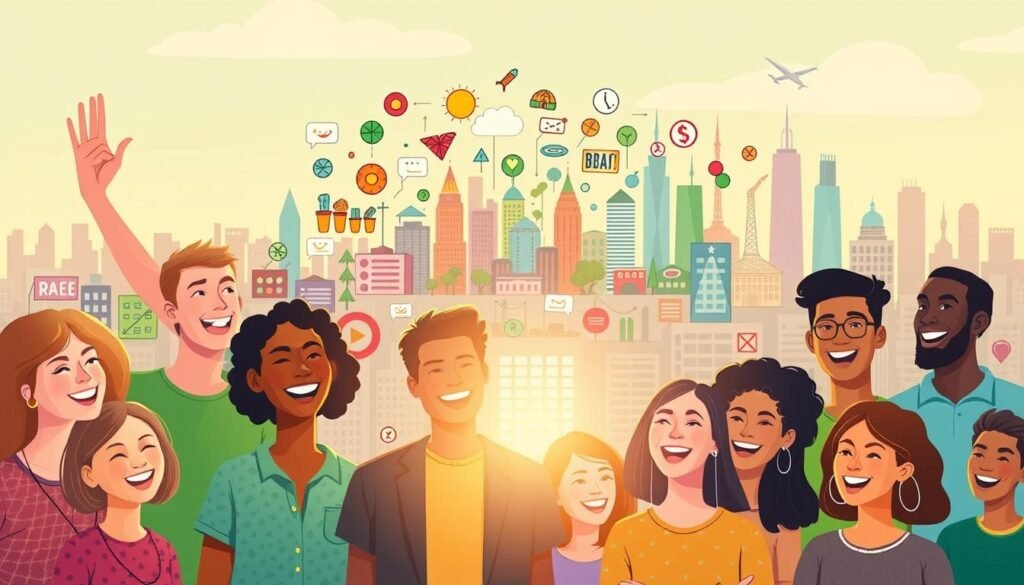A vibrant, colorful illustration depicting the benefits of the Echoing Green Fellowship for emerging social leaders. In the foreground, a group of diverse individuals celebrate the funding they've received, their faces alight with joy and determination. In the middle ground, a myriad of social impact projects and initiatives take shape, each represented by distinctive icons and symbols. The background showcases a dynamic cityscape, reflecting the global reach and transformative potential of the Echoing Green program. Soft, warm lighting casts a hopeful glow, while a sense of energy and forward momentum permeates the scene, capturing the spirit of innovation and positive change.