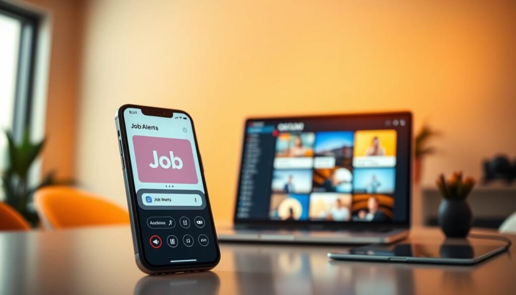 A vibrant digital workspace with a modern, minimalist aesthetic. In the foreground, a smartphone displays a visually striking "Job Alerts" interface, with clean typography and intuitive job search controls. The middle ground features a laptop screen showcasing a feed of personalized job opportunities, each presented with a crisp, eye-catching visual. The background is a softly blurred, neutral-toned office setting, creating a sense of focus and professionalism. Warm, directional lighting casts a subtle glow, highlighting the technology and creating a sense of productivity and efficiency. The overall composition conveys a streamlined, effective approach to job hunting, inspiring confidence and a sense of progress.