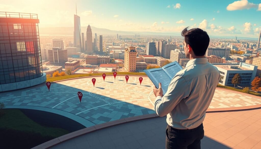 A vibrant, dynamic illustration depicting "خطة 90 يومًا" - a strategic roadmap for career success. In the foreground, a determined professional stands at a crossroads, meticulously reviewing a detailed plan. The middle ground showcases a mosaic of milestone markers, each representing a critical step towards professional growth. In the background, a panoramic vista unfolds, capturing the essence of a thriving workplace, complete with modern architecture, bustling activity, and a sense of limitless potential. The scene is illuminated by a warm, golden light, evoking a mood of optimism and opportunity. Crisp, high-resolution details and a cinematic perspective bring this transformative journey to life.
