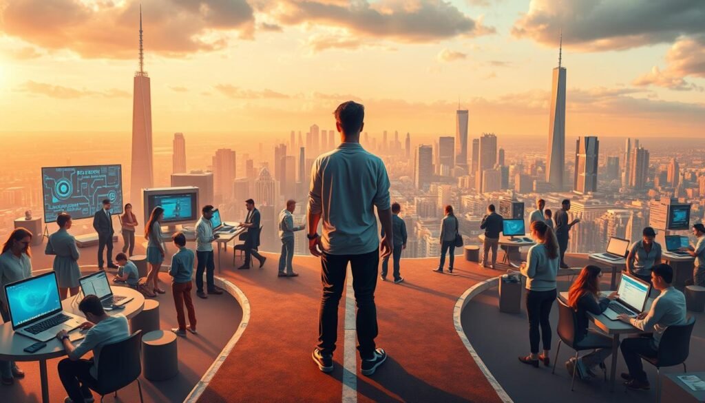 A vibrant, dynamic scene depicting the diverse tech career path. In the foreground, a central figure stands at a crossroads, contemplating their options - software engineering, data science, cybersecurity, and other emerging fields. Surrounding them, a bustling hub of activity, with people engaged in various tech-related tasks, such as coding, analyzing data, and collaborating on projects. The middle ground showcases a range of futuristic technologies, from sleek laptops and cutting-edge devices to holographic displays and interactive screens. The background is a panoramic cityscape, with towering skyscrapers and a skyline that hints at the endless possibilities in the tech industry. Warm, diffused lighting and a sense of momentum create an atmosphere of innovation, growth, and limitless potential.