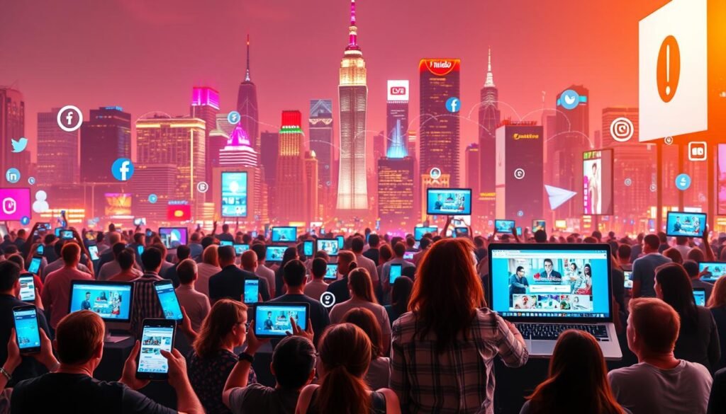 A vibrant, dynamic social media landscape with an array of interconnected platforms. In the foreground, a diverse array of digital devices - smartphones, laptops, and tablets - showcasing various social media apps and interfaces. The middle ground features a crowd of people interacting, sharing content, and engaging with one another through these digital channels. In the background, a vivid cityscape with towering skyscrapers, neon lights, and a pulsing energy that reflects the fast-paced, ever-evolving nature of modern social connections. Warm lighting casts a welcoming glow, while a sense of unity and collaboration permeates the scene. This image encapsulates the dynamic, interconnected world of social media as a powerful tool for communication, collaboration, and community building.