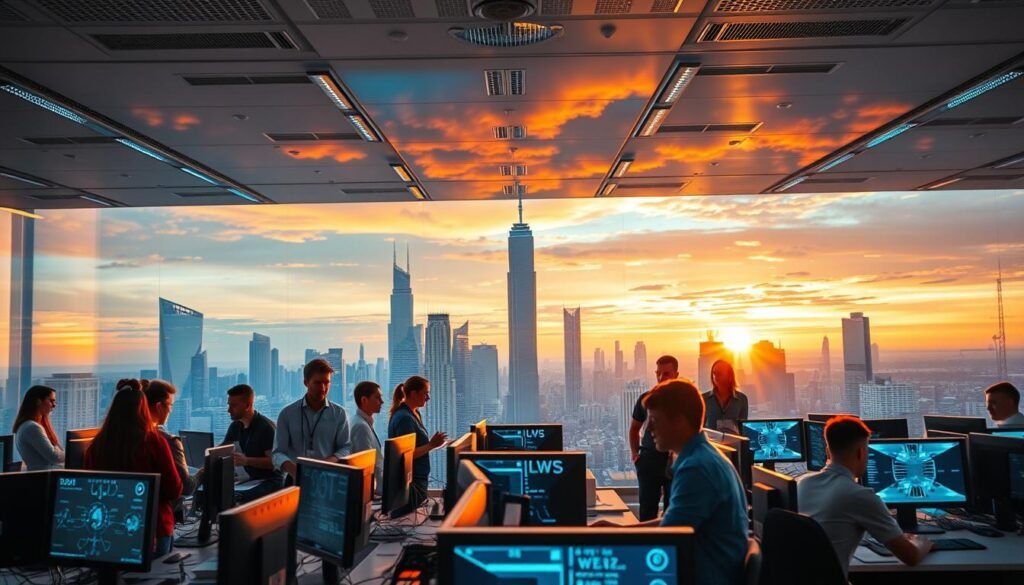 A vibrant, high-tech workplace with a dynamic, forward-looking atmosphere. The foreground features a team of diverse professionals collaborating on cutting-edge projects, their faces alight with enthusiasm. In the middle ground, an array of futuristic computer terminals and holographic displays create a sense of innovation. The background showcases a panoramic cityscape, with towering skyscrapers and a vivid sunset sky, conveying a vision of the boundless opportunities in the tech industry. Crisp, cinematic lighting illuminates the scene, casting dramatic shadows and highlights to accentuate the energy and innovation. Captured with a wide-angle lens to emphasize the scale and scope of the tech workspace.