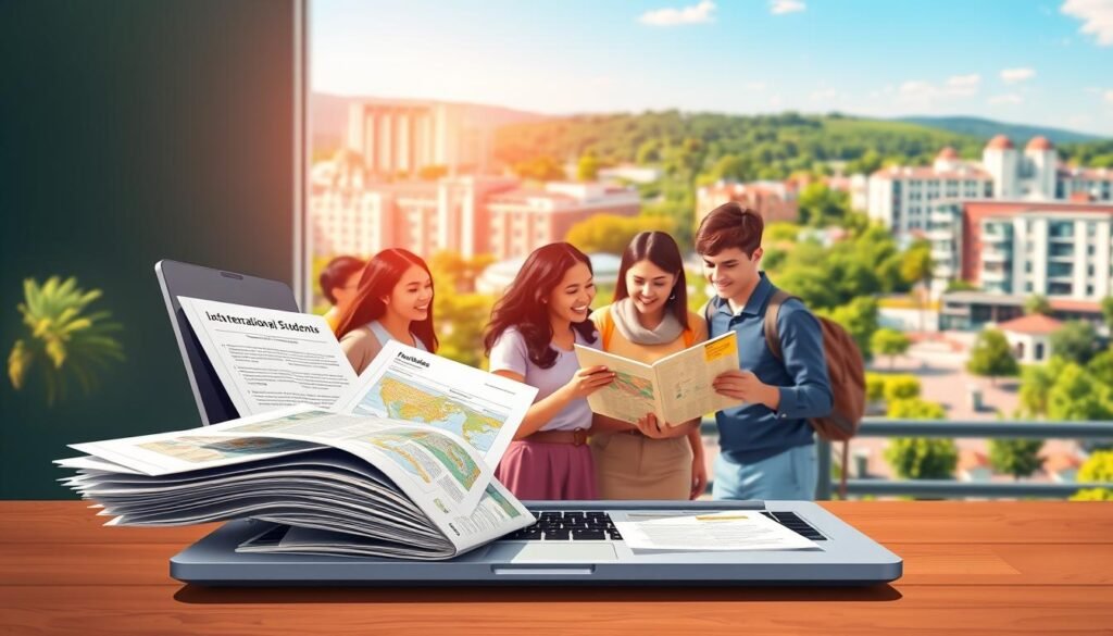 A vibrant illustration of resources for international students studying in the USA. In the foreground, an open laptop displaying study materials, study guides, and campus maps. In the middle ground, a group of diverse students collaborating on a project, their faces filled with curiosity and determination. The background features a panoramic view of a university campus, with modern buildings, lush greenery, and a clear blue sky. Soft, warm lighting illuminates the scene, creating a welcoming and inspiring atmosphere. The overall composition conveys the wealth of opportunities and support available for international students navigating their educational journey in the United States.