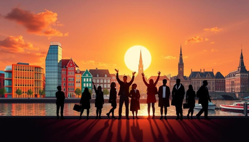A vibrant, informative illustration showcasing the Netherlands Scholarships landscape. In the foreground, a cluster of colorful, modern academic buildings representing prestigious Dutch universities. In the middle ground, silhouetted figures of international students celebrating their scholarship awards, set against a backdrop of the iconic Dutch architecture and picturesque canals. The sky is bathed in a warm, golden glow, conveying a sense of opportunity and optimism. Crisp, high-resolution details with a shallow depth of field, captured through a wide-angle lens to emphasize the grandeur and scope of Netherlands' scholarship programs for global learners.