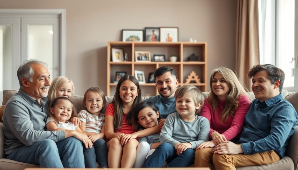 A warm, inviting family scene with a diverse group of family members in the foreground, including parents and children of varying ages. The setting is a comfortable living room, with soft lighting filtering in through large windows. The family members are seated together on a plush couch, engaged in a lively conversation, their faces expressing a sense of closeness and togetherness. In the middle ground, a bookshelf or display cabinet showcases family photos and mementos, adding a personal touch to the scene. The background features a neutral, yet cozy wall color, complementing the overall atmosphere. The composition is balanced, with the family members occupying the central focus, and the surrounding elements providing a harmonious, supportive environment. A warm, inviting family scene with a diverse group of family members in the foreground, including parents and children of varying ages. The setting is a comfortable living room, with soft lighting filtering in through large windows. The family members are seated together on a plush couch, engaged in a lively conversation, their faces expressing a sense of closeness and togetherness. In the middle ground, a bookshelf or display cabinet showcases family photos and mementos, adding a personal touch to the scene. The background features a neutral, yet cozy wall color, complementing the overall atmosphere. The composition is balanced, with the family members occupying the central focus, and the surrounding elements providing a harmonious, supportive environment.
