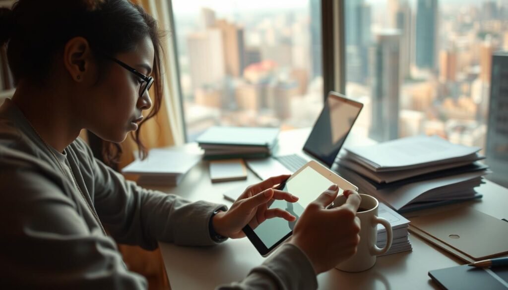 A warm, soft-lit scene of a young professional navigating the application process for the Echoing Green Fellowship. In the foreground, their hands thoughtfully fill out a form on a sleek tablet, the screen's glow reflecting on their focused expression. The middle ground reveals a cluttered desk with piles of documents, a laptop, and a mug of coffee, suggesting the dedication required. In the background, a large window overlooks a bustling urban landscape, hinting at the global impact of the Fellowship. The overall atmosphere is one of determination, purpose, and the promise of positive change.
