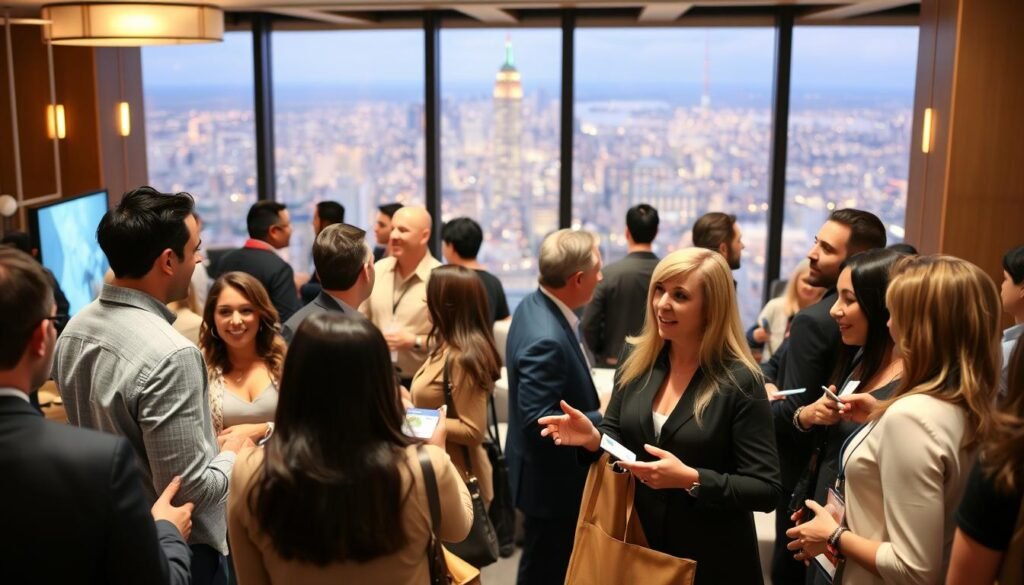 A well-lit, bustling networking event, with professionals engaged in lively conversations. In the foreground, a diverse group of individuals exchange business cards and shake hands, their expressions animated and enthusiastic. The middle ground features a backdrop of chic decor, with modern furniture and sleek lighting fixtures. In the background, a panoramic view of a vibrant cityscape, suggesting the vast opportunities available to those who network effectively. The overall atmosphere conveys a sense of energy, opportunity, and the potential for career transformation. A well-lit, bustling networking event, with professionals engaged in lively conversations. In the foreground, a diverse group of individuals exchange business cards and shake hands, their expressions animated and enthusiastic. The middle ground features a backdrop of chic decor, with modern furniture and sleek lighting fixtures. In the background, a panoramic view of a vibrant cityscape, suggesting the vast opportunities available to those who network effectively. The overall atmosphere conveys a sense of energy, opportunity, and the potential for career transformation.