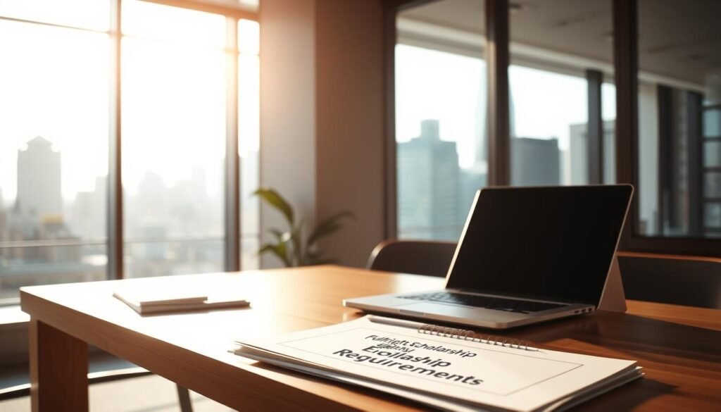 A well-lit, contemporary office scene featuring a minimalist desk with a laptop, calendar, and a stack of papers labeled "Fulbright Scholarship Eligibility Requirements". In the background, a large window overlooks a modern cityscape. The lighting is soft and directional, creating a warm, professional atmosphere. The composition is balanced, with the desk and papers taking up the foreground, and the cityscape providing a subtle, yet engaging backdrop. The overall mood is one of focus, organization, and the pursuit of academic excellence.