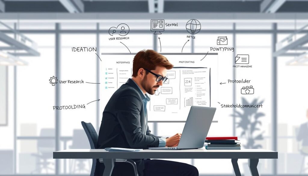 A well-lit, detailed digital illustration of a product manager's responsibilities. In the foreground, a person in a business casual outfit sits at a desk, intently focused on a laptop screen. On the desk, there are notes, diagrams, and a whiteboard with product roadmap sketches. In the middle ground, the person is surrounded by visual metaphors for their core duties: ideation, user research, prototyping, project management, and stakeholder communication. In the background, a modern office environment with large windows, providing a sense of productivity and professionalism. The overall mood is one of focused intensity, highlighting the multifaceted nature of a product manager's role.